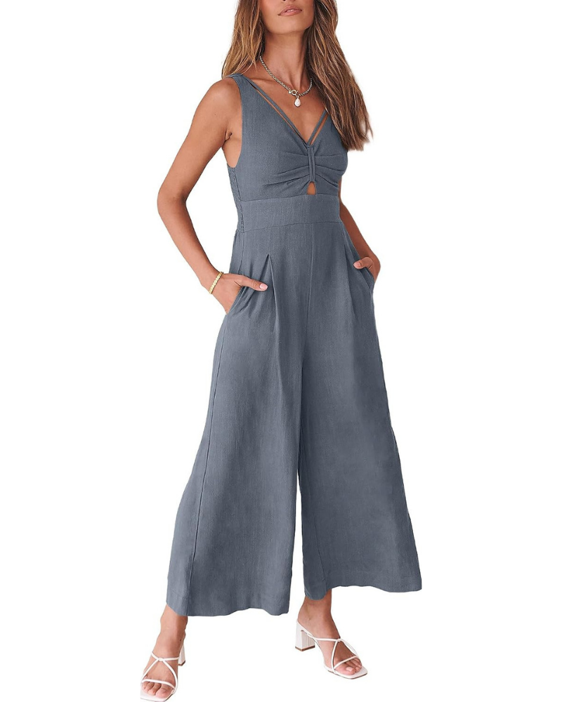 Verity Tuta Femme en Lin – Col en V, Découpes et Pantalon à Jambe Large