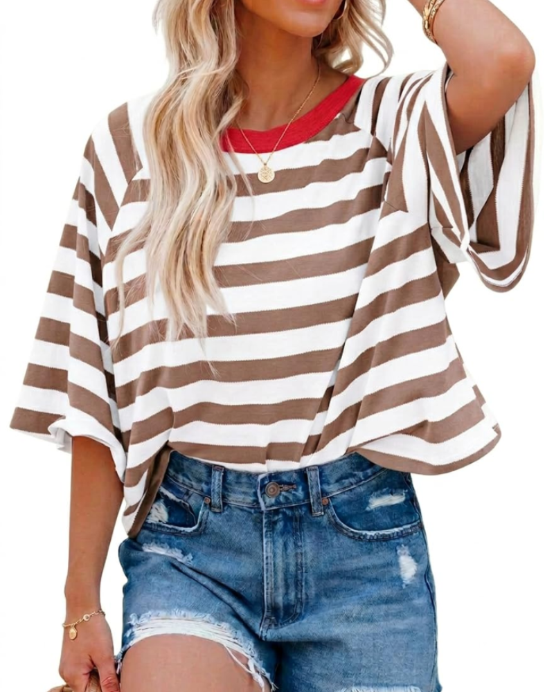 Mila T-Shirt Γυναικεία – Oversize Τοπ με Ρίγες, Στρογγυλή Λαιμόκοψη & Κοντά Μανίκια