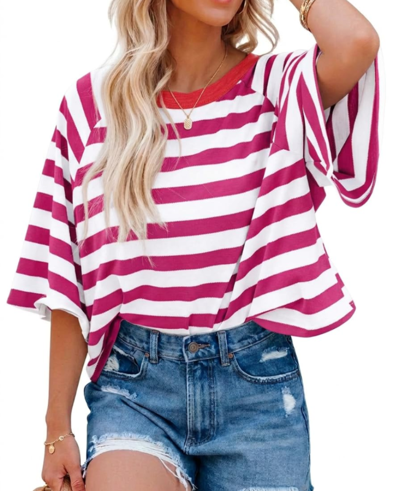 Mila T-Shirt Γυναικεία – Oversize Τοπ με Ρίγες, Στρογγυλή Λαιμόκοψη & Κοντά Μανίκια
