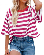 Mila T-Shirt Γυναικεία – Oversize Τοπ με Ρίγες, Στρογγυλή Λαιμόκοψη & Κοντά Μανίκια