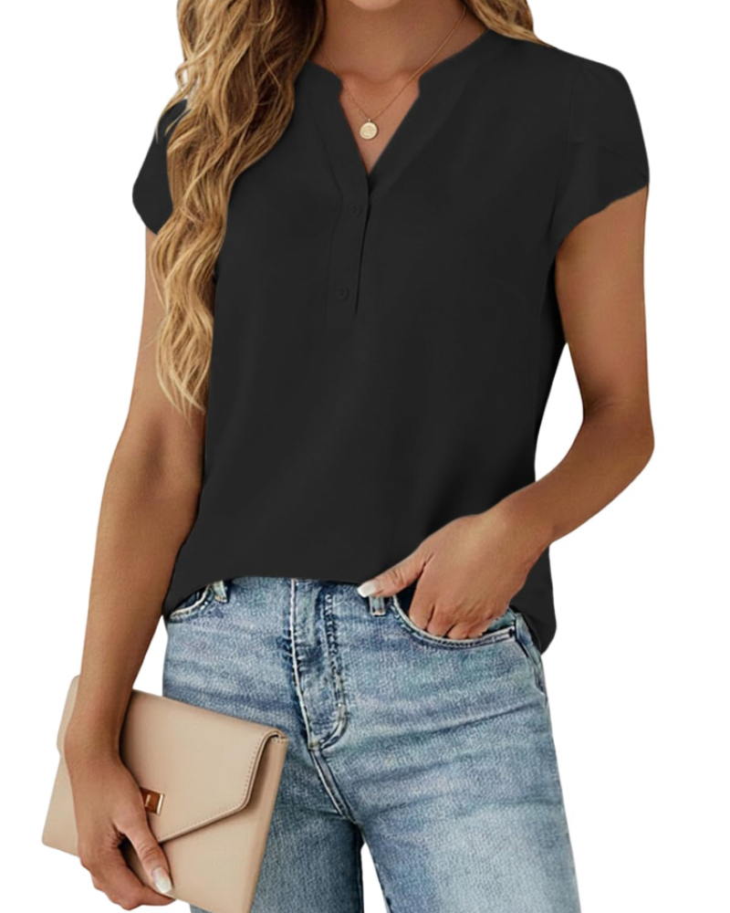 Gabriella Bluse Dame – Topp i chiffon med V-hals, knapper og puffermmer