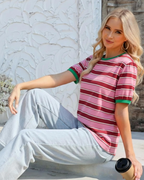 Natalie T-Shirt Donna – Top a Righe con Girocollo, Contrasto Colore & Tessuto Morbido