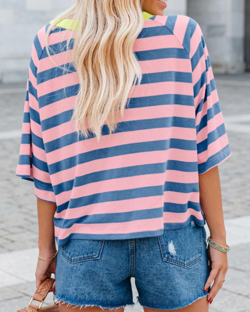 Mila T-Shirt Γυναικεία – Oversize Τοπ με Ρίγες, Στρογγυλή Λαιμόκοψη & Κοντά Μανίκια