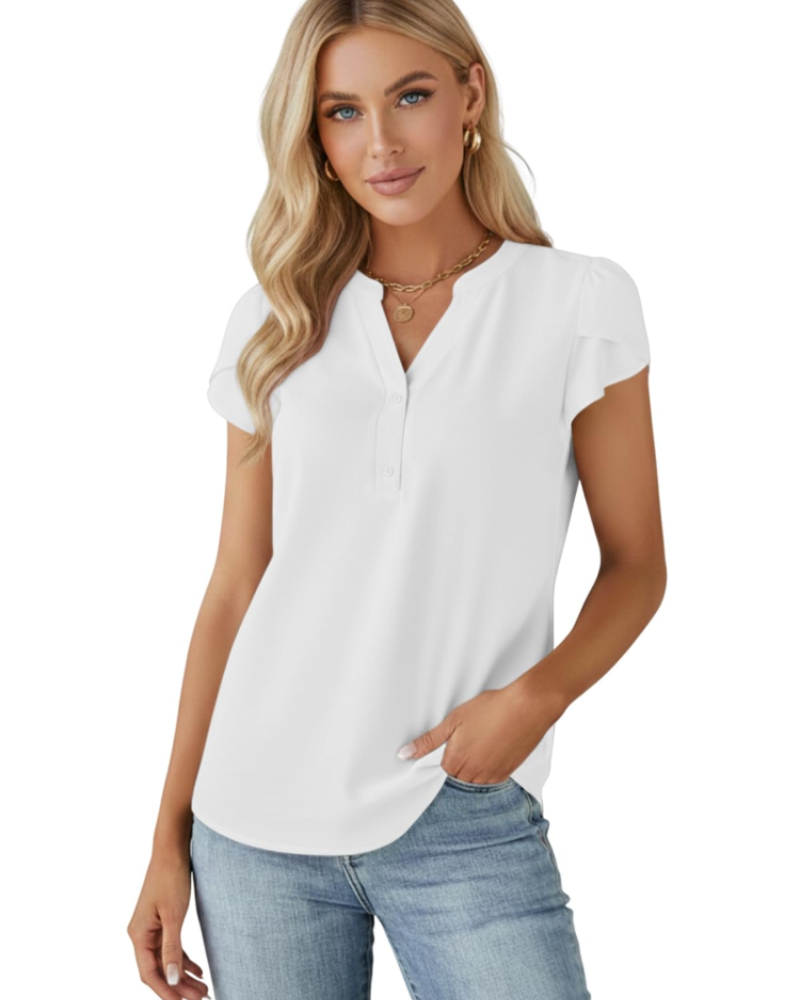 Gabriella Blusa para mujer – Top de gasa con escote en V, botones y mangas abullonadas
