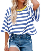 Mila T-Shirt Γυναικεία – Oversize Τοπ με Ρίγες, Στρογγυλή Λαιμόκοψη & Κοντά Μανίκια