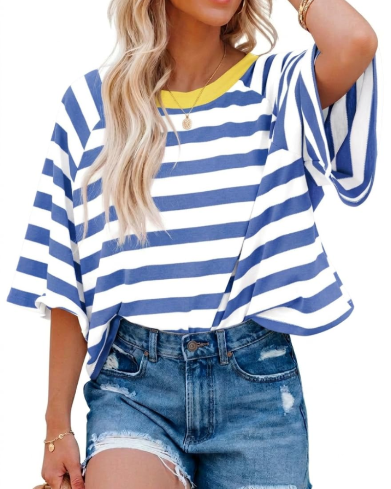 Mila T-Shirt Γυναικεία – Oversize Τοπ με Ρίγες, Στρογγυλή Λαιμόκοψη & Κοντά Μανίκια