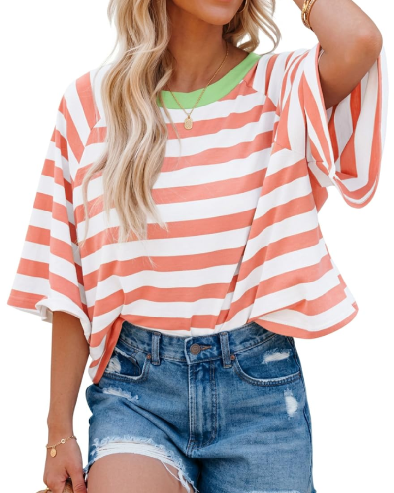Mila T-Shirt Γυναικεία – Oversize Τοπ με Ρίγες, Στρογγυλή Λαιμόκοψη & Κοντά Μανίκια
