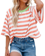Mila T-Shirt Γυναικεία – Oversize Τοπ με Ρίγες, Στρογγυλή Λαιμόκοψη & Κοντά Μανίκια