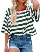 Mila T-Shirt Γυναικεία – Oversize Τοπ με Ρίγες, Στρογγυλή Λαιμόκοψη & Κοντά Μανίκια