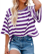 Mila T-Shirt Γυναικεία – Oversize Τοπ με Ρίγες, Στρογγυλή Λαιμόκοψη & Κοντά Μανίκια