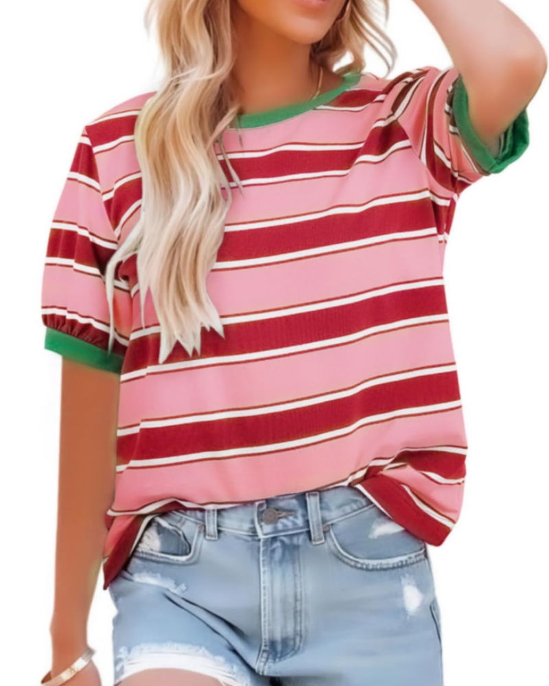 Natalie T-Shirt Donna – Top a Righe con Girocollo, Contrasto Colore & Tessuto Morbido