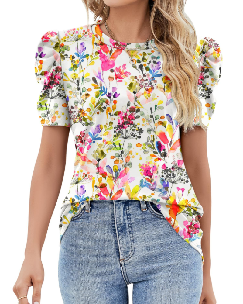 Maribel Blouse Femme – Top avec Manches Bouffantes en Dentelle et Col Rond