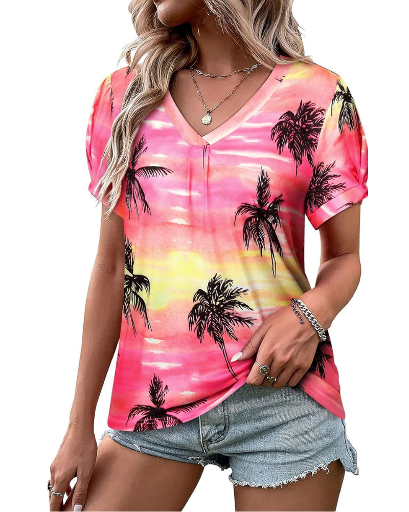 Harper T-Shirt damska – tropikalna bluzka w kwiaty z dekoltem w serek i bufkami na rękawach