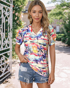 Camiseta Harper para mujer – Blusa floral tropical con escote en V y mangas abullonadas