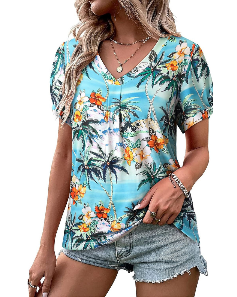 Harper T-Shirt damska – tropikalna bluzka w kwiaty z dekoltem w serek i bufkami na rękawach