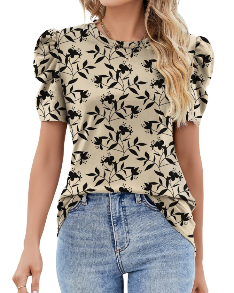 Maribel Blouse Femme – Top avec Manches Bouffantes en Dentelle et Col Rond