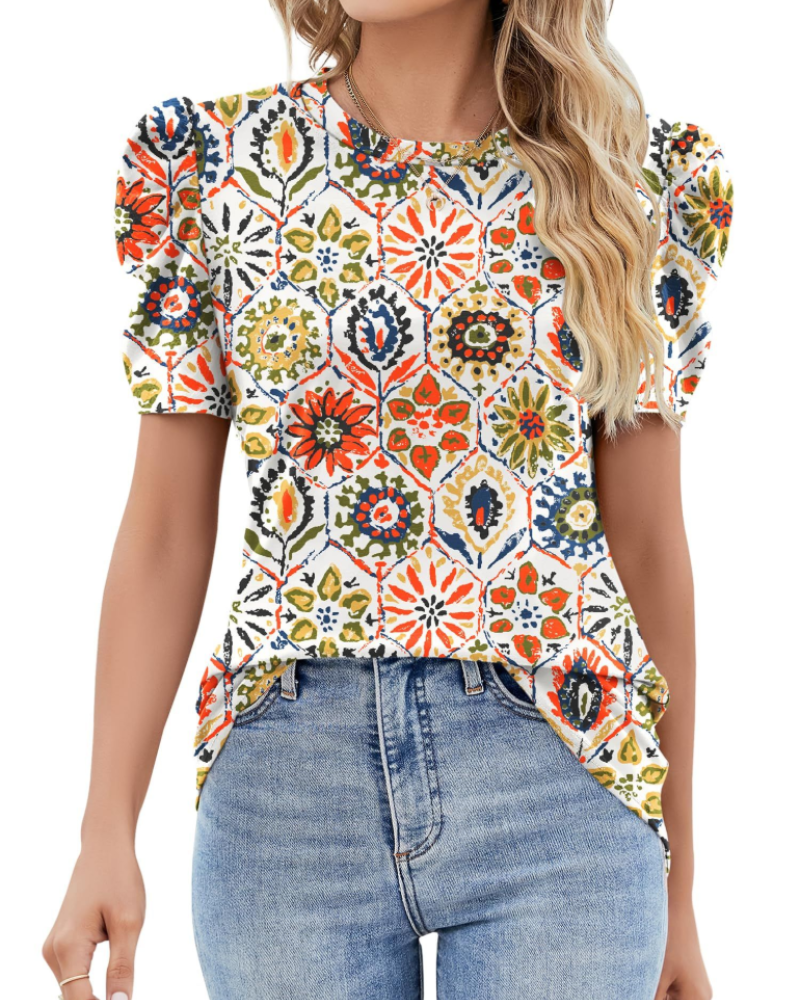 Maribel Blouse Femme – Top avec Manches Bouffantes en Dentelle et Col Rond