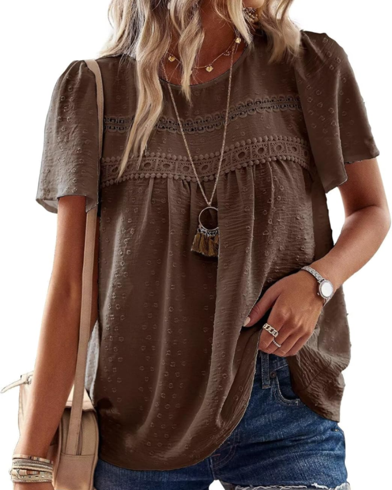 Elspeth Top Donna – Μπλούζα από Σιφόν με Κέντημα Κρόσε, Στρογγυλή Λαιμόκοψη και Κοντά Μανίκια