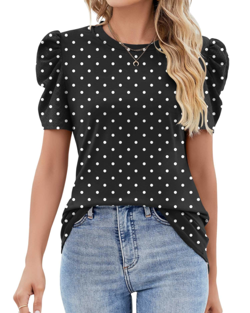Maribel Blouse Femme – Top avec Manches Bouffantes en Dentelle et Col Rond