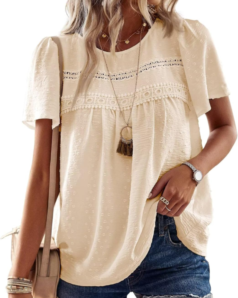 Elspeth Top Donna – Μπλούζα από Σιφόν με Κέντημα Κρόσε, Στρογγυλή Λαιμόκοψη και Κοντά Μανίκια