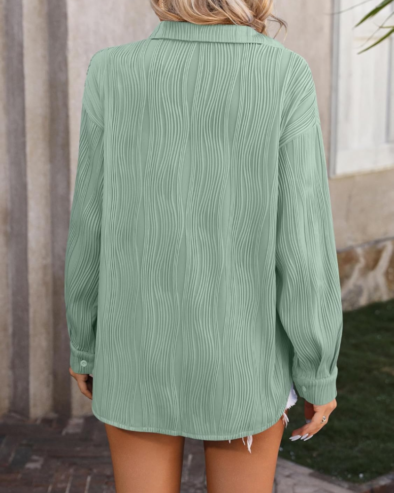 Elara Bluse Dame – Strukturert Skjorte med V-hals, Knapper og Lange Ermer