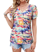 Camiseta Harper para mujer – Blusa floral tropical con escote en V y mangas abullonadas