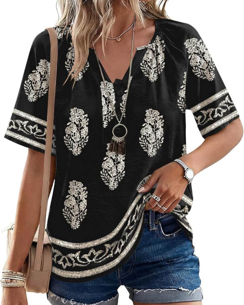 Marlowe Blouse Femme – Top en Coton et Lin avec Col en V et Boutons
