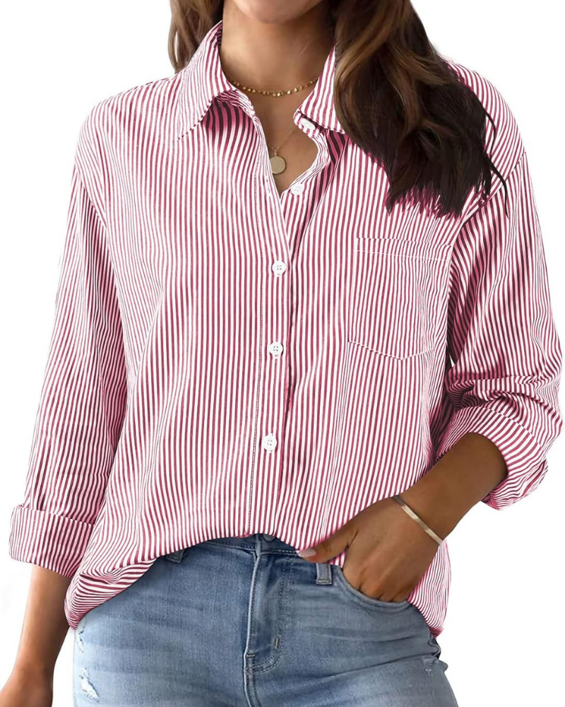 Beverly Camicia Donna – Righe, Scollo a V, Maniche Lunghe, Bottoni e Taschino