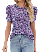 Maribel Bluse Dame – Topp med puffermet blonder og rund hals