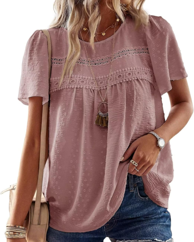 Elspeth Top Donna – Μπλούζα από Σιφόν με Κέντημα Κρόσε, Στρογγυλή Λαιμόκοψη και Κοντά Μανίκια