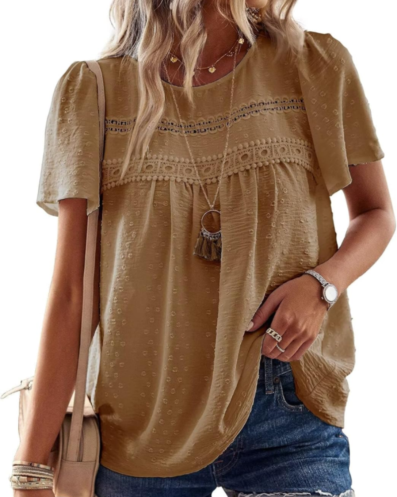 Elspeth Top Donna – Μπλούζα από Σιφόν με Κέντημα Κρόσε, Στρογγυλή Λαιμόκοψη και Κοντά Μανίκια