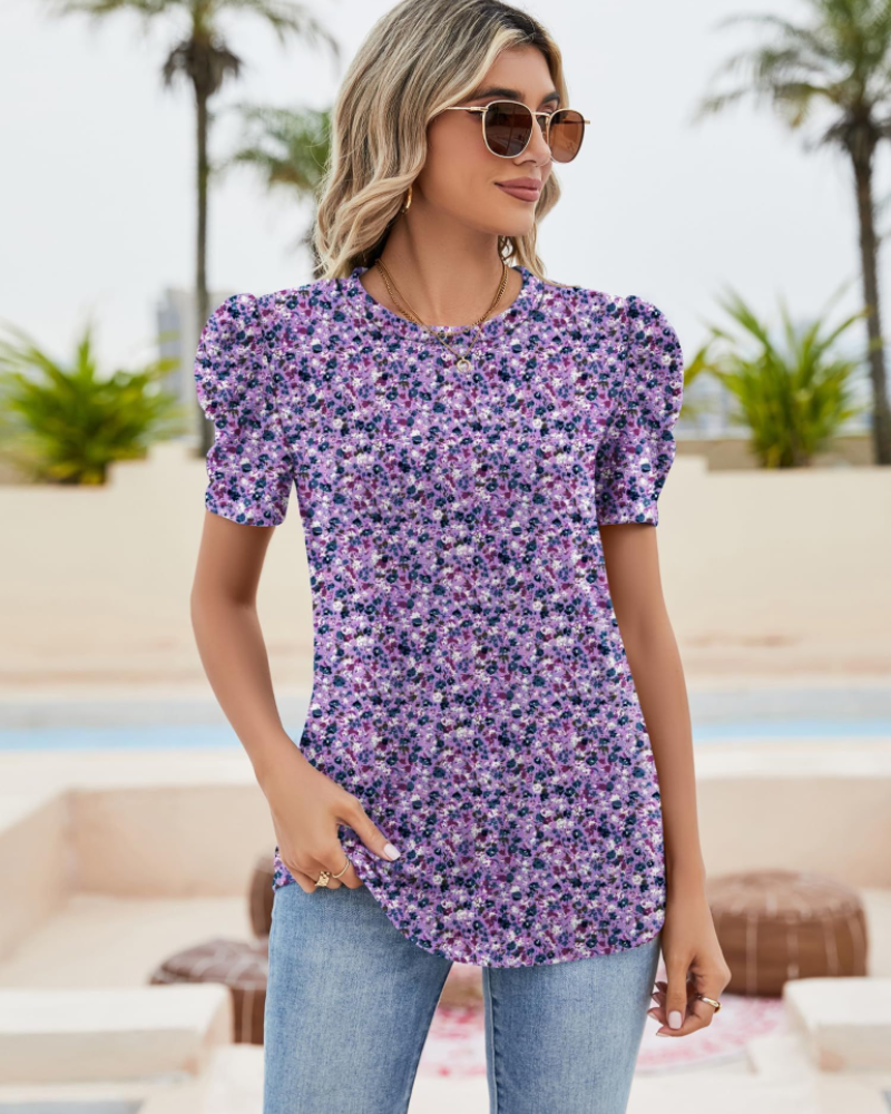 Maribel Bluse Dame – Topp med puffermet blonder og rund hals