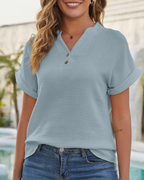Adeline Blusa Donna – Top in Cotone e Lino con Scollo a V e Bottoni Vintage