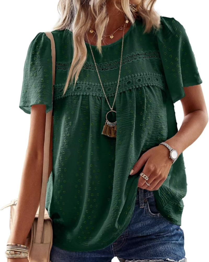 Elspeth Top Donna – Μπλούζα από Σιφόν με Κέντημα Κρόσε, Στρογγυλή Λαιμόκοψη και Κοντά Μανίκια
