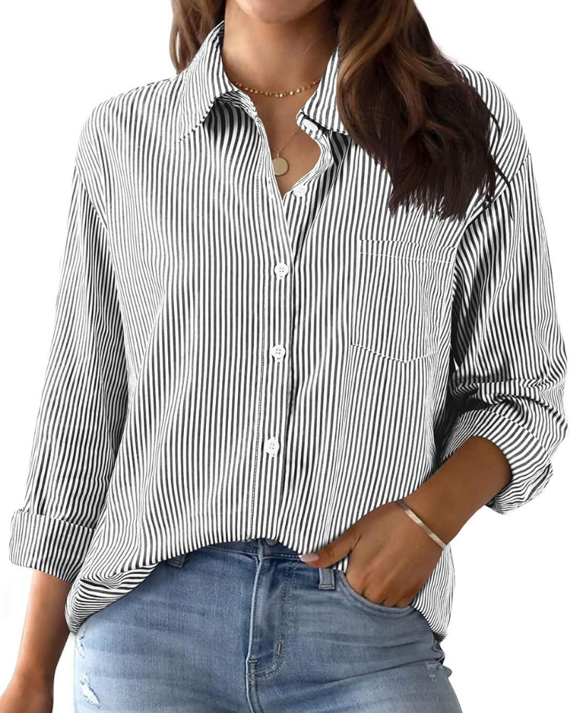 Beverly Camicia Donna – Righe, Scollo a V, Maniche Lunghe, Bottoni e Taschino