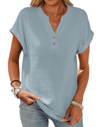 Adeline Blusa Donna – Top in Cotone e Lino con Scollo a V e Bottoni Vintage