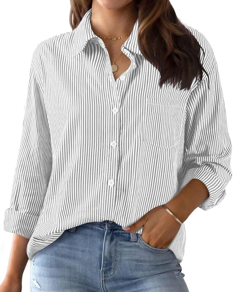 Beverly Camicia Donna – Righe, Scollo a V, Maniche Lunghe, Bottoni e Taschino