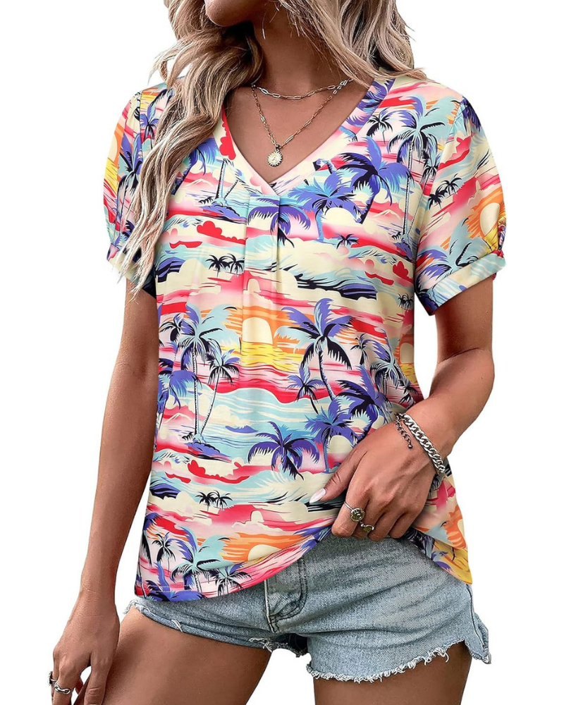 Camiseta Harper para mujer – Blusa floral tropical con escote en V y mangas abullonadas