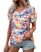 Camiseta Harper para mujer – Blusa floral tropical con escote en V y mangas abullonadas