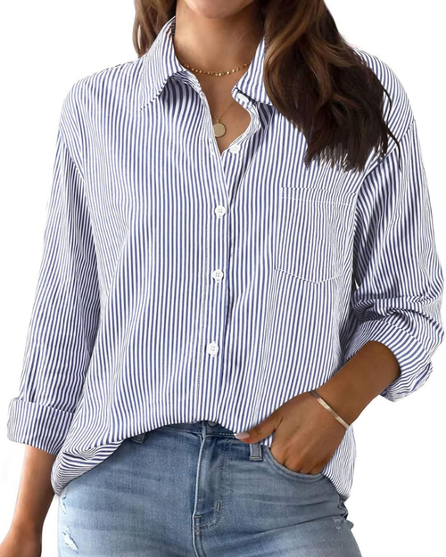 Beverly Camisa de mujer – Rayas, escote en V, mangas largas, botones y bolsillo en el pecho