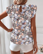 Paige Women’s Blouse – Boho Floral Print, Ruffles, Crew Neck, and Short Sleeves