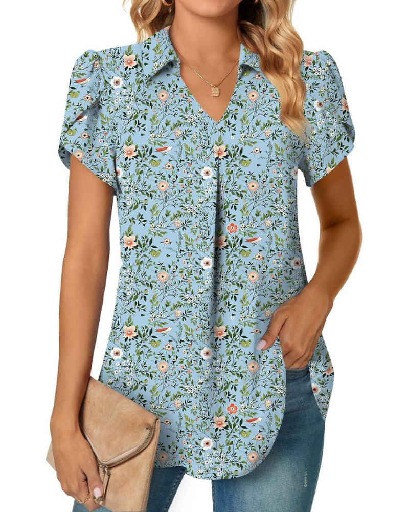 Blusa Gwendolyn para mujer – Túnica de gasa con escote en V y mangas de pétalo