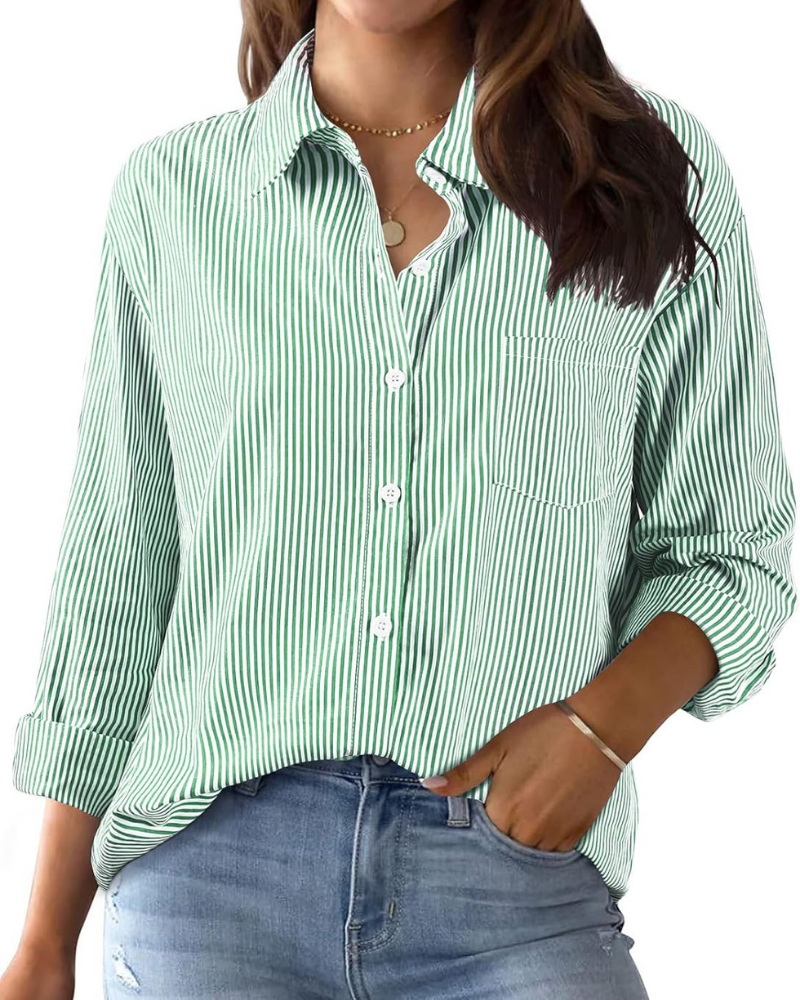 Beverly Camicia Donna – Righe, Scollo a V, Maniche Lunghe, Bottoni e Taschino
