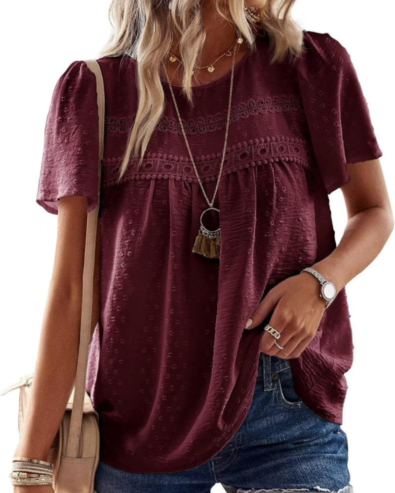 Elspeth Top Donna – Μπλούζα από Σιφόν με Κέντημα Κρόσε, Στρογγυλή Λαιμόκοψη και Κοντά Μανίκια