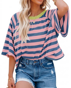 Mila T-Shirt Γυναικεία – Oversize Τοπ με Ρίγες, Στρογγυλή Λαιμόκοψη & Κοντά Μανίκια