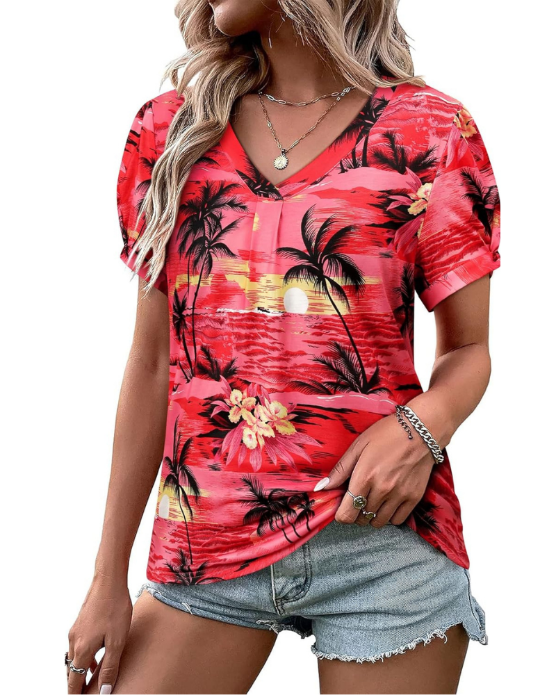 Harper T-Shirt damska – tropikalna bluzka w kwiaty z dekoltem w serek i bufkami na rękawach