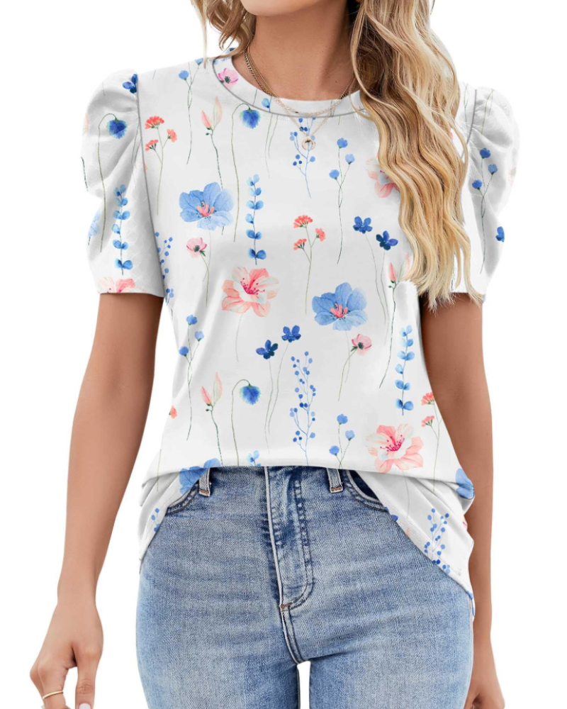 Maribel Blouse Femme – Top avec Manches Bouffantes en Dentelle et Col Rond