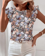 Paige Women’s Blouse – Boho Floral Print, Ruffles, Crew Neck, and Short Sleeves