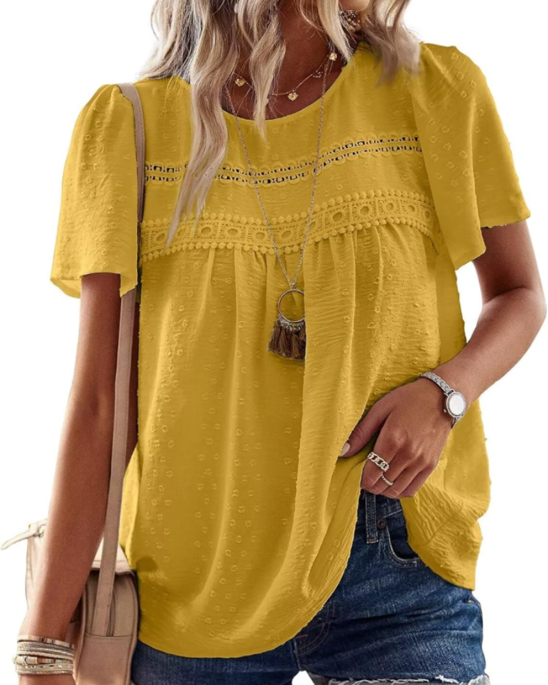 Elspeth Top Donna – Μπλούζα από Σιφόν με Κέντημα Κρόσε, Στρογγυλή Λαιμόκοψη και Κοντά Μανίκια