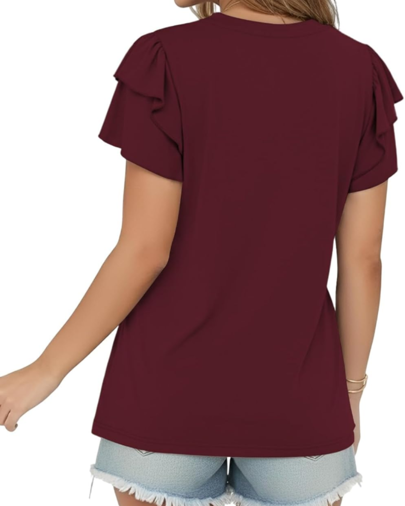 Camiseta de mujer Delaney: escote en V, mangas cortas asimétricas y botones